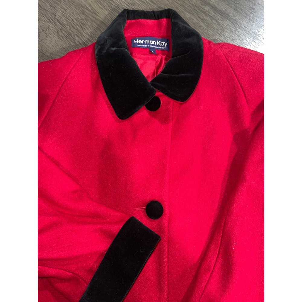 Herman Kay Women Large Red Wool Blend Coat Black Velvet Trim Vintage 534340
